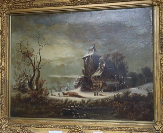 Late 19th century English School, oil on canvas, Continental winter landscape, 39 x 52cm